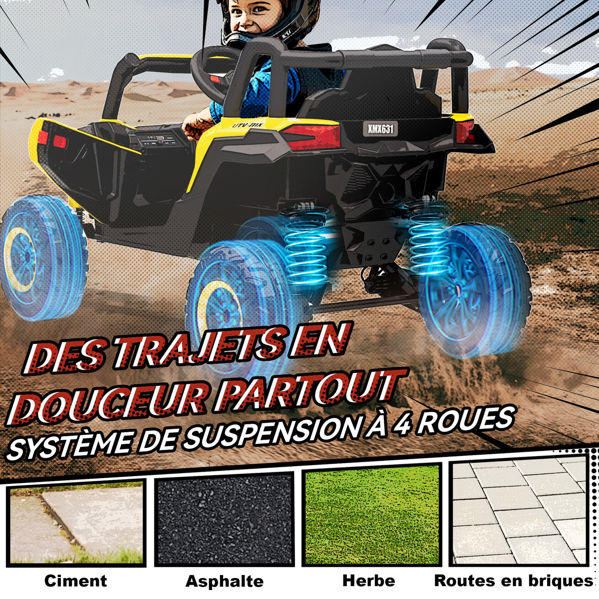 Voiture électrique enfants UTV 12 V, buggy électrique enfants avec télécommande, 96 x 61 x 56 cm, jaune-7