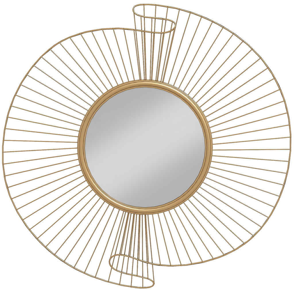 Miroir décoratif rond 60 cm avec fixation à 360°, décoration murale en métal moderne avec détails plissés, doré-0