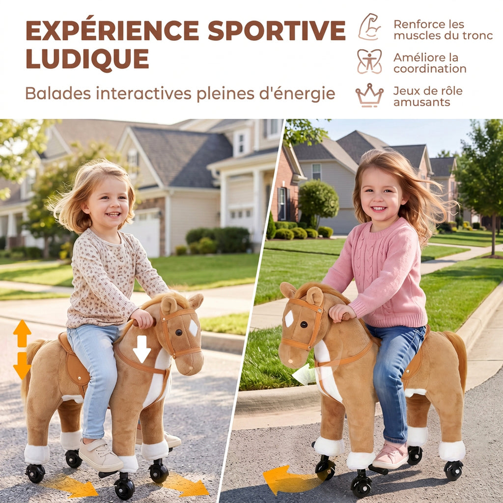 Cheval à Monter pour Enfant sur Roulettes en Peluche, Musique, Effet Sonore, Pédale, Poignée, 73x40x66cm, Marron-5