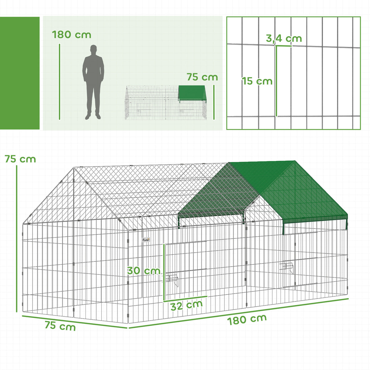 Parc Enclos Cage Lapin Extérieur avec Portes Verrouillables et Protection Pare-Soleil Toit, Acier, 180x75x75 cm, Vert-2