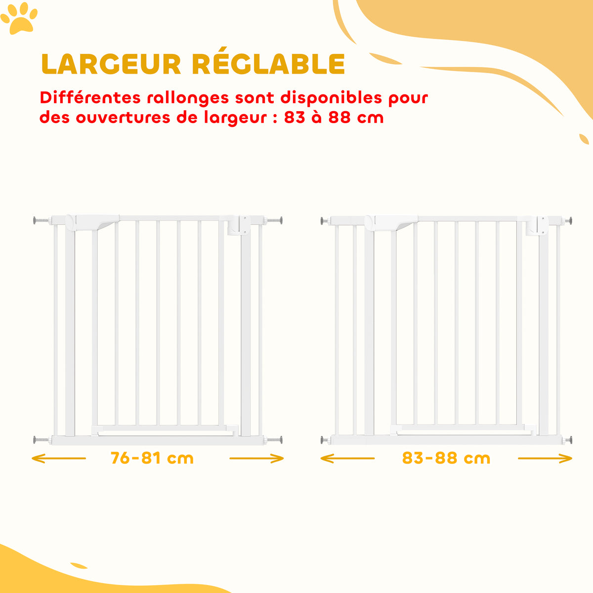 Barrière de Sécurité pour Chiens et Bébés 76 à 88 cm avec Extension, Fixation par Pression sans Perçage, 76 à 88 cm, Blanc-3