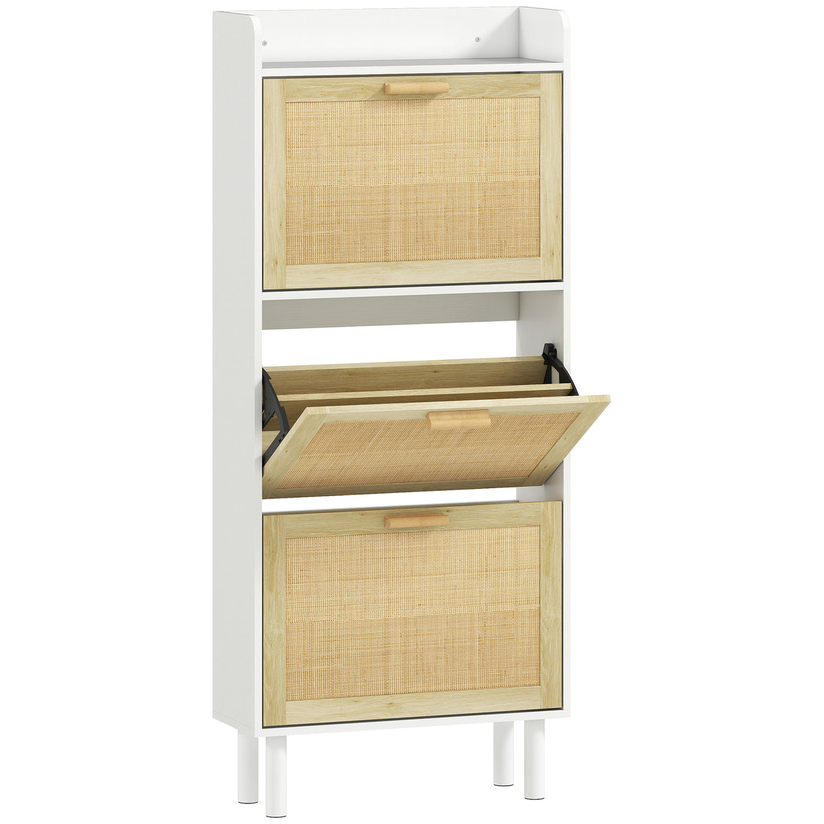 Meuble à chaussures 3 portes abattants étagère effet résine tressée design bohème 65 x 24,5 x 153 cm blanc-0
