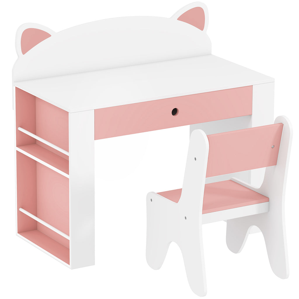 Bureau et Chaise pour Enfant 2 Pièces, Ensemble Table d'Activité, Tiroir, Bibliothèque pour Dessin, Lecture, Blanc Rose-0