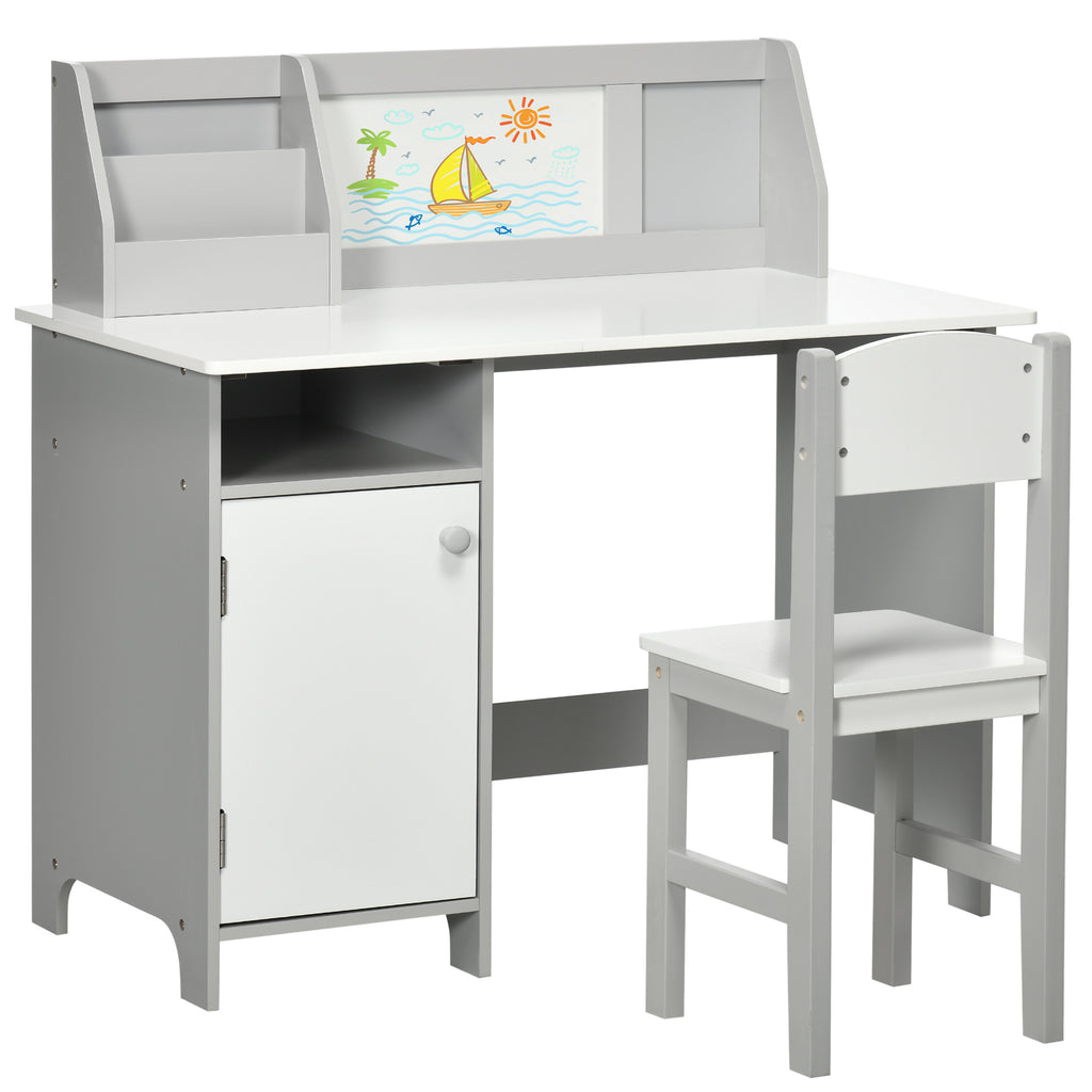Ensemble table et chaise pour enfant avec tableau blanc - bureau pour enfant +5 ans - 90L x 45l x 85H cm Gris-0