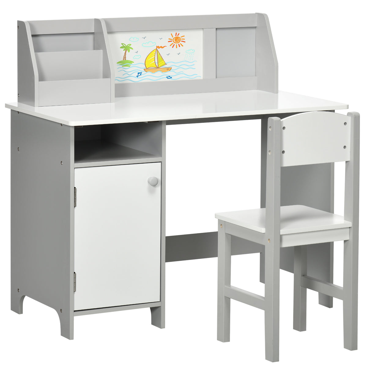 Ensemble table et chaise pour enfant avec tableau blanc - bureau pour enfant +5 ans - 90L x 45l x 85H cm Gris-0
