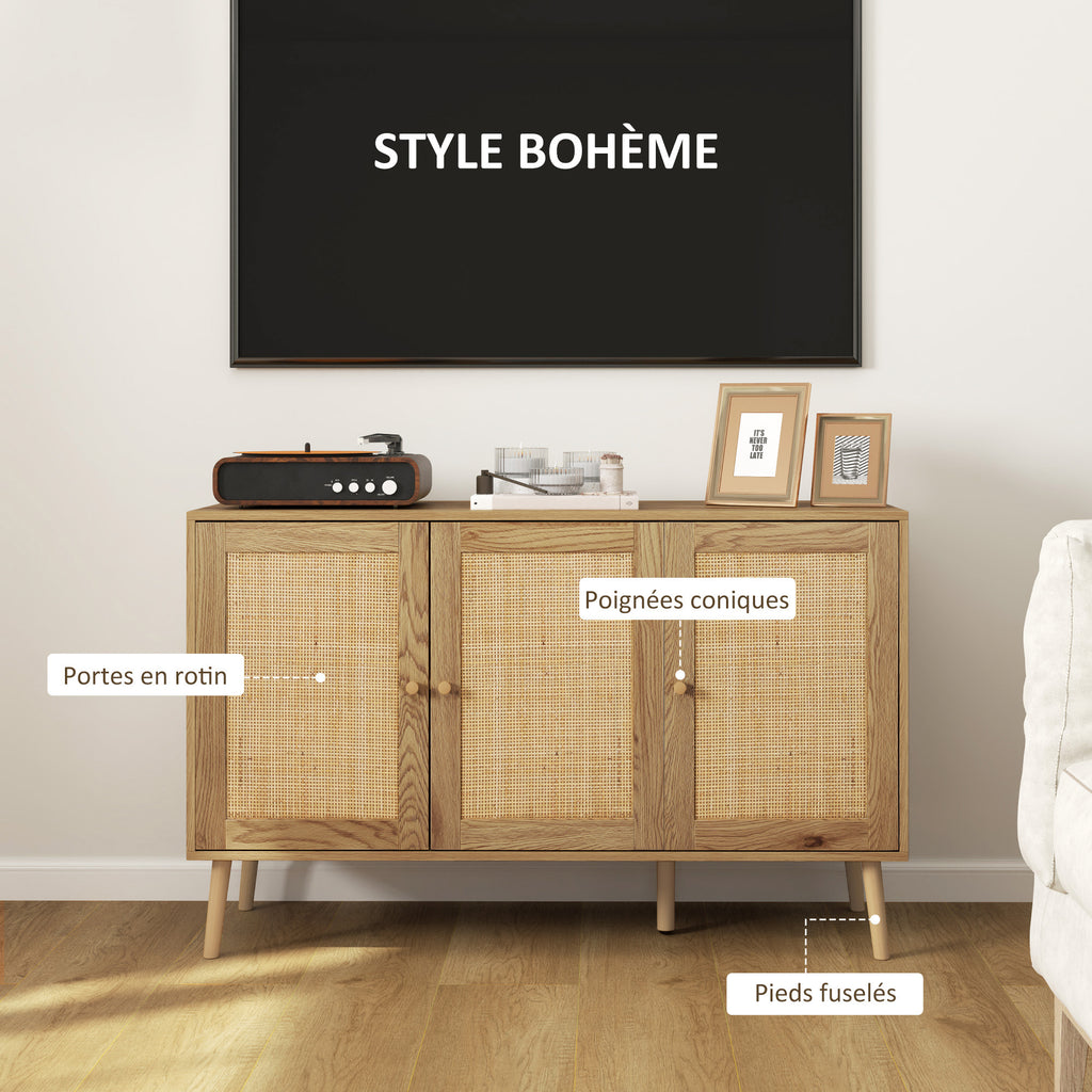 Buffet salon meuble de rangement avec placards à portes en rotin et étagère réglable, bois naturel-4
