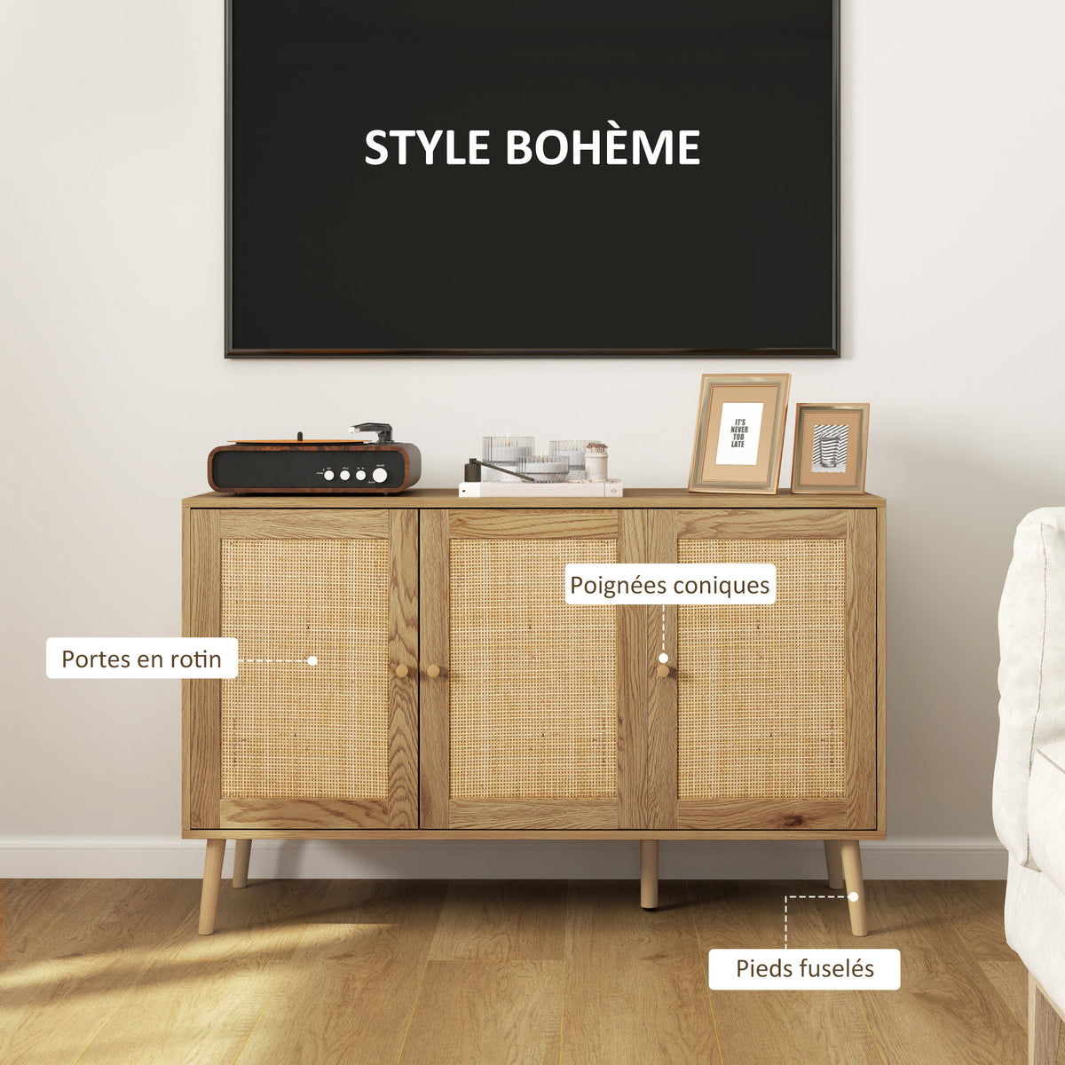 Buffet salon meuble de rangement avec placards à portes en rotin et étagère réglable, bois naturel-4