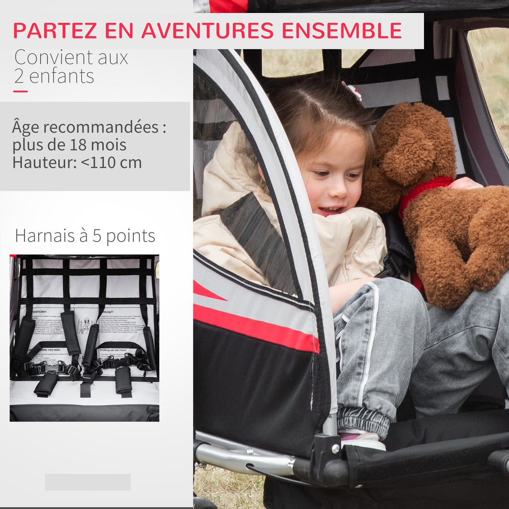 Remorque vélo pour enfant 2 en 1 convertible jogger poussette capacité 26,4 kg avec réflecteurs et drapeau - 2 places  - rouge-5