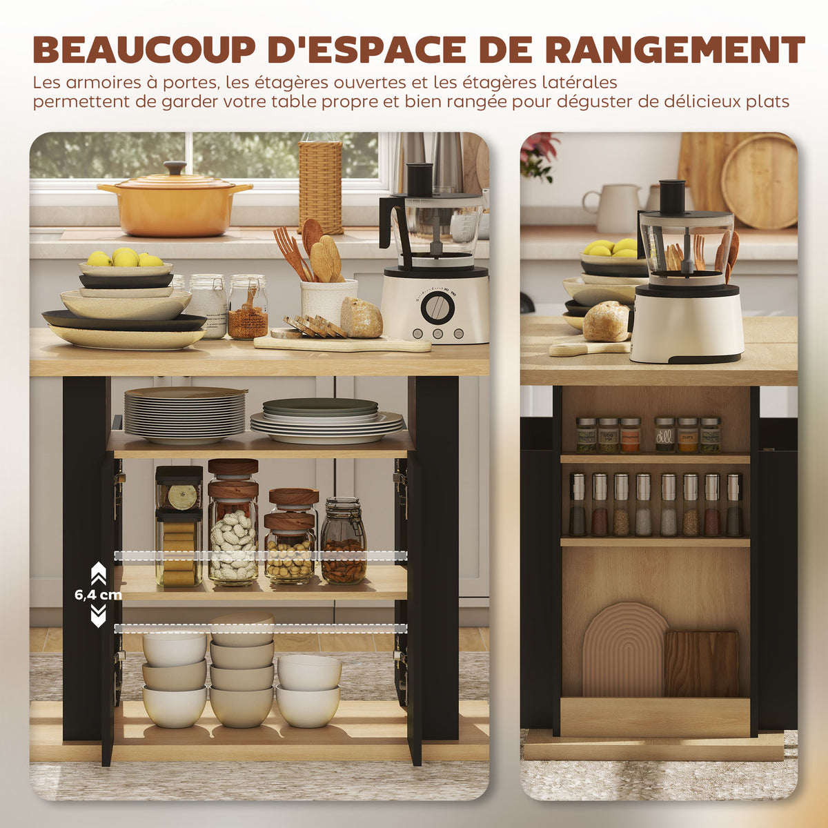 Table à manger ilot central cuisine avec grand plan de travail 4 personnes placard 4 portes 110 x 70 x 75,5 cm noir-5