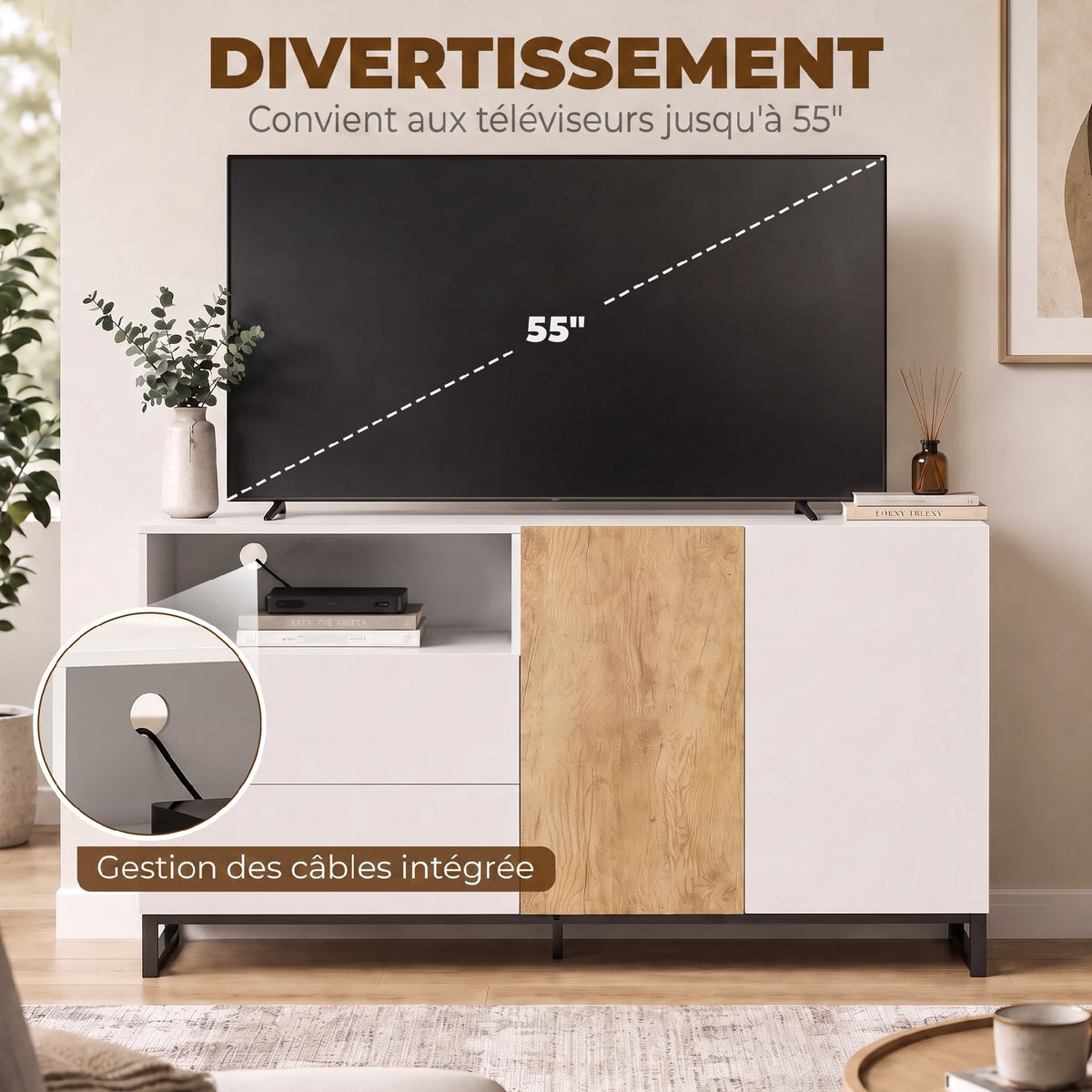 Buffet salon, meuble de rangement avec 2 portes à fermeture douce, 2 tiroirs et étagère réglable, blanc et chêne-6