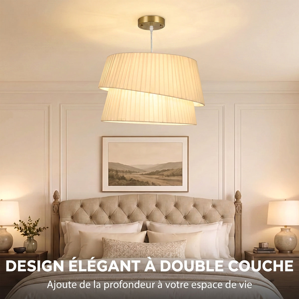 Suspension Luminaire Élégante à Double Abat-Jour, Rosace Dorée, Câble Réglable, Ampoule Non Incluse E14 40 W, Blanc-3