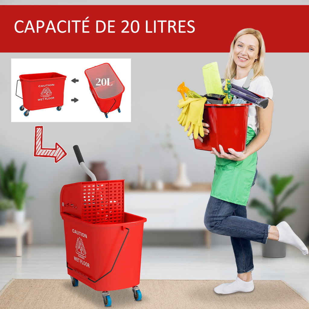 Chariot de nettoyage lavage seau de ménage 20 L avec essoreur et séparateur eau sale propre rouge 60L x 27l x 70,5H cm-3