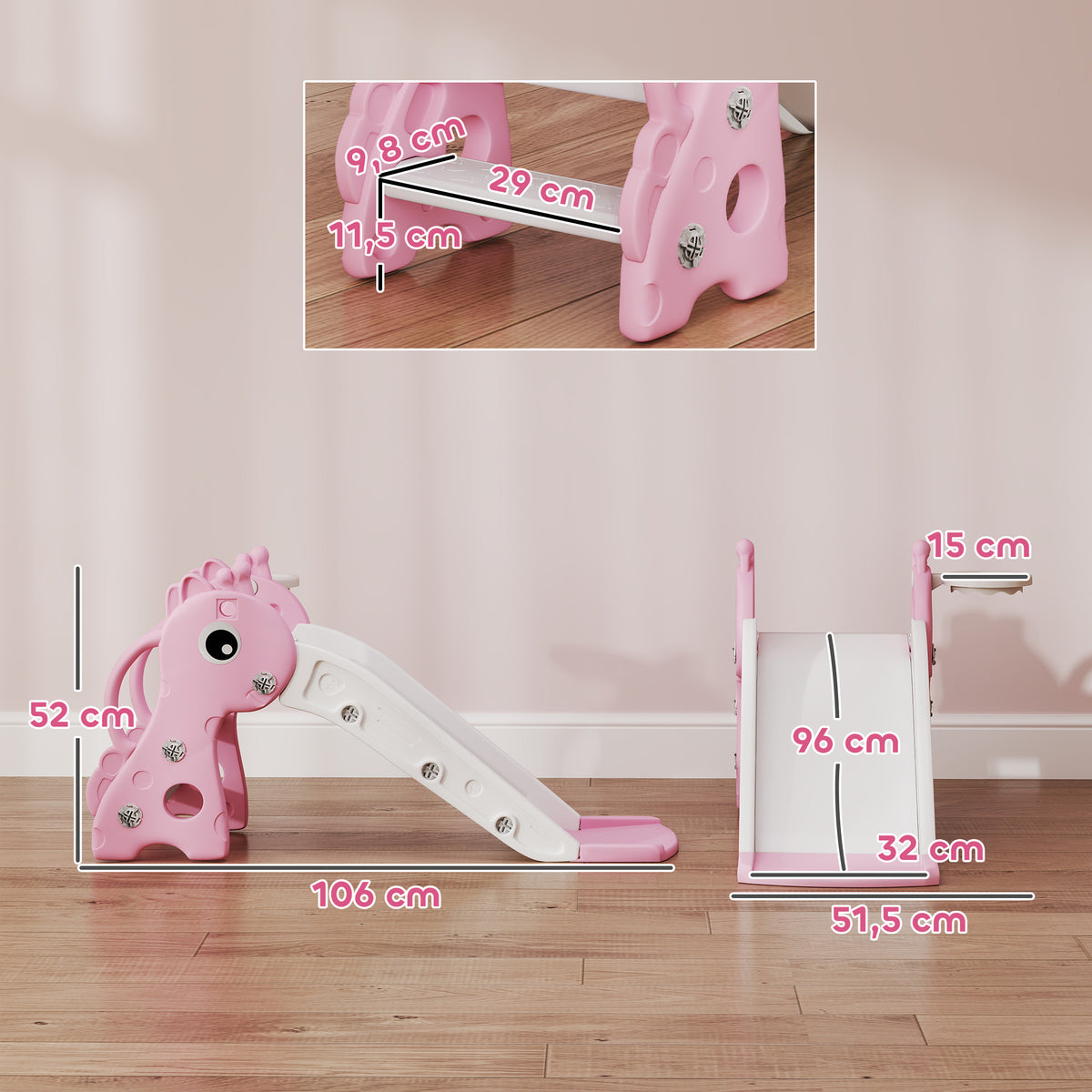 Toboggan pour enfants 3 en 1 en forme de girafe avec panier de basket, escalade et ballon, 106 x 51,5 x 52 cm, rose-2