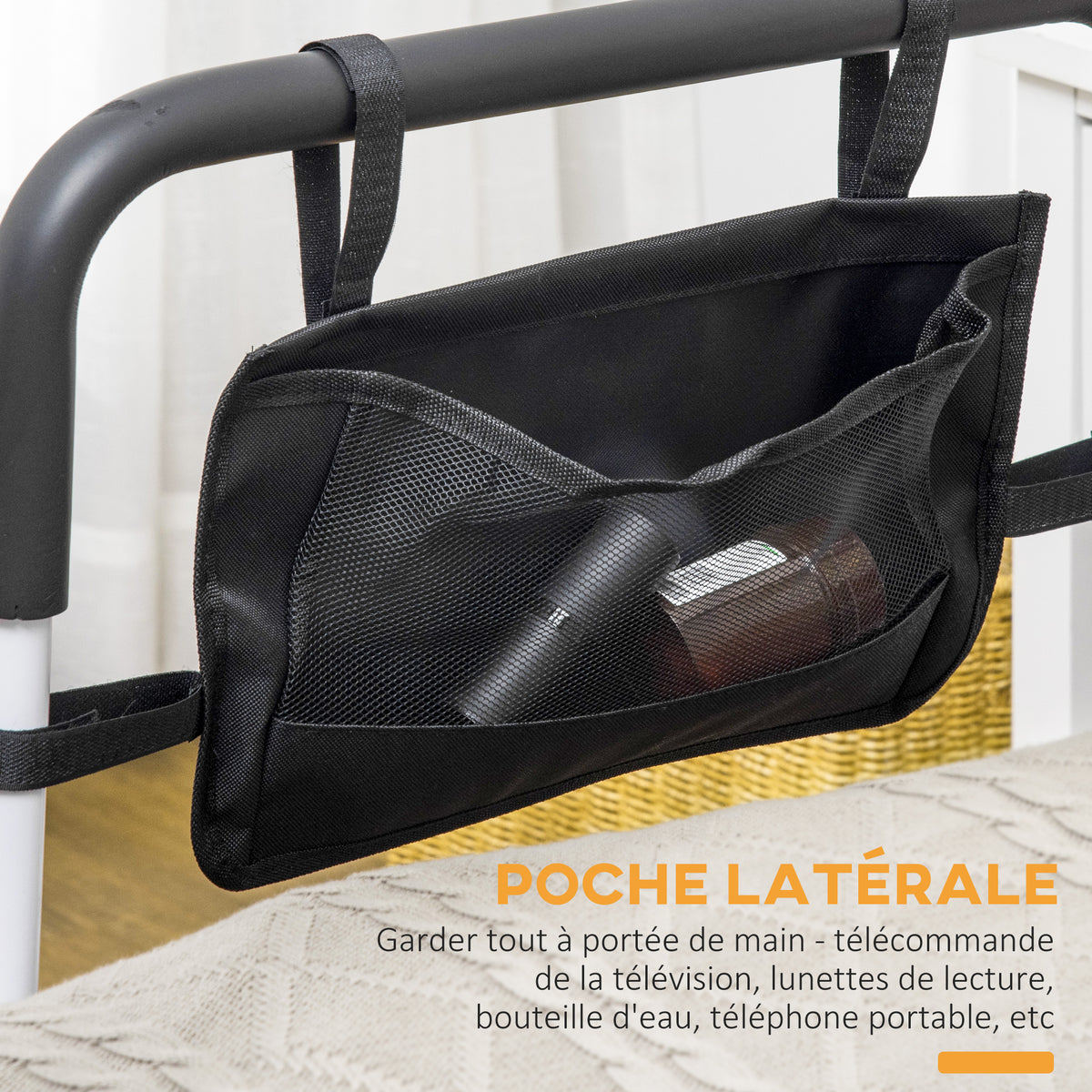 Barre d'appui lit sur pieds protection réglable 5 hauteurs pochette rangement 52 x 85-95 x 71-102 cm blanc noir-4