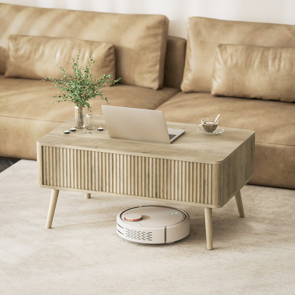 Table basse relevable, table de salon avec 2 compartiments cachés et pieds en pin, 91 x 56 x 43 cm, chêne-8