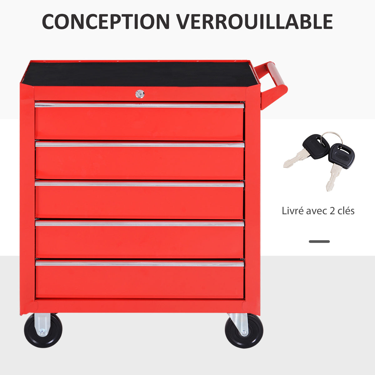 Chariot à outils sur roulettes pour atelier avec 5 tiroirs verrouillable 2 clés acier 69 x 33 x 75 cm rouge-6