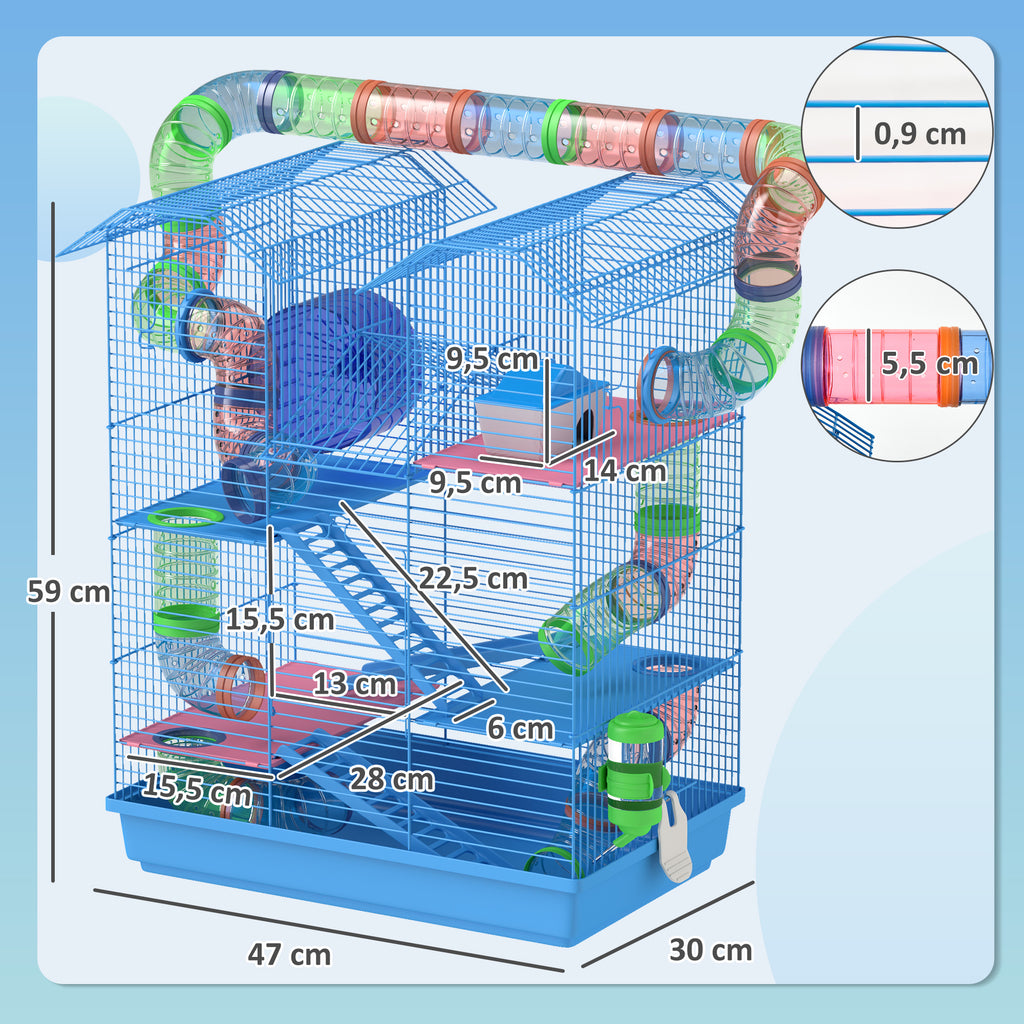 Cage pour Hamster Souris Petit Animaux Rongeur avec Tunnel Mangeoire Roue Jouet 47 x 30 x 59 cm Bleu-2