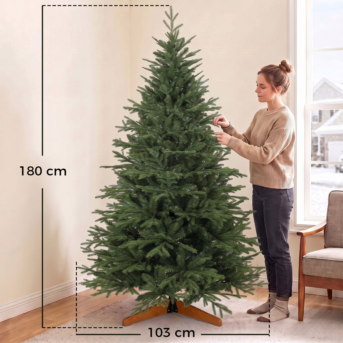 Sapin de Noël Artificiel 180 cm, Arbre de Noël, 2081 Branches Articulées en PE et PVC Ignifuge, Support en Bois Robuste-2
