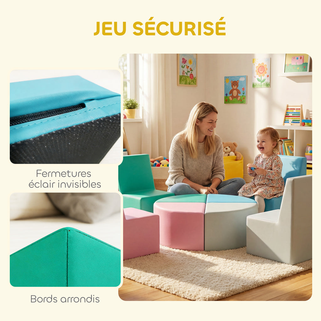 Parcours motricité bébé 8PCS, module motricité bébé mousse EPE et housse en PU, design table et chaises, multicolore-6