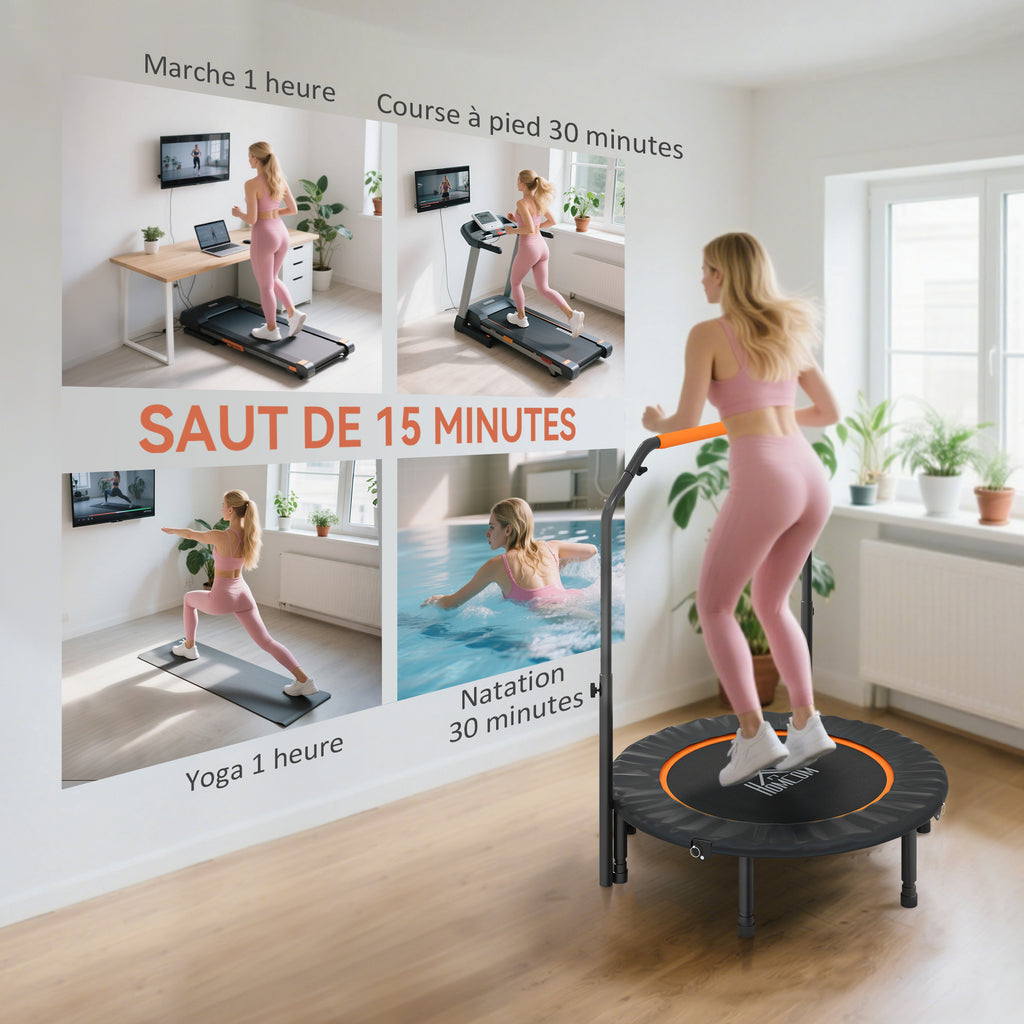 Trampoline de fitness gymnastique avec poignée réglable, pliable, 6 pieds, 28 ressorts Ø 102 cm, noir orange-6