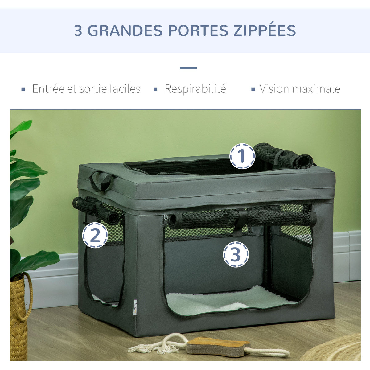 Sac de transport pliable pour animaux de compagnie avec poignée tissu en maille 60 x 42 x 42 cm gris noir-3