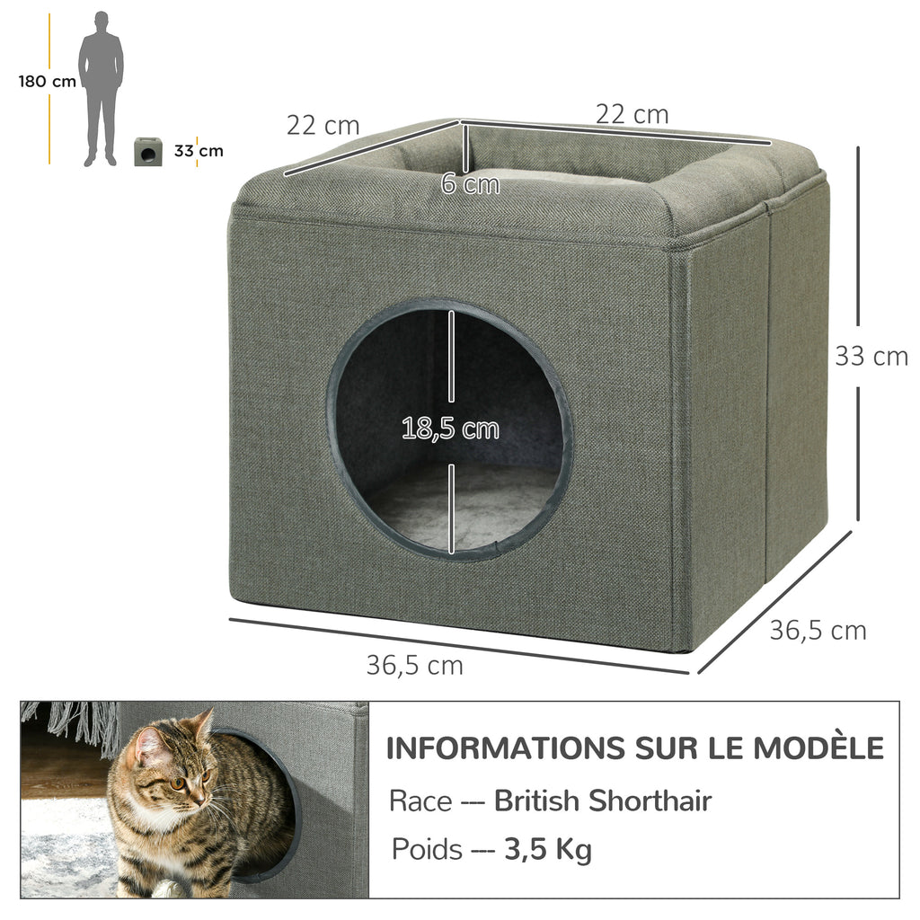 Maison niche pour chat 2 niveaux avec coussin moelleux en peluche - 36,5 x 36,5 x 33 cm gris-2