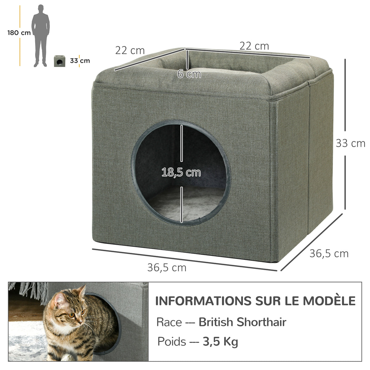 Maison niche pour chat 2 niveaux avec coussin moelleux en peluche - 36,5 x 36,5 x 33 cm gris-2