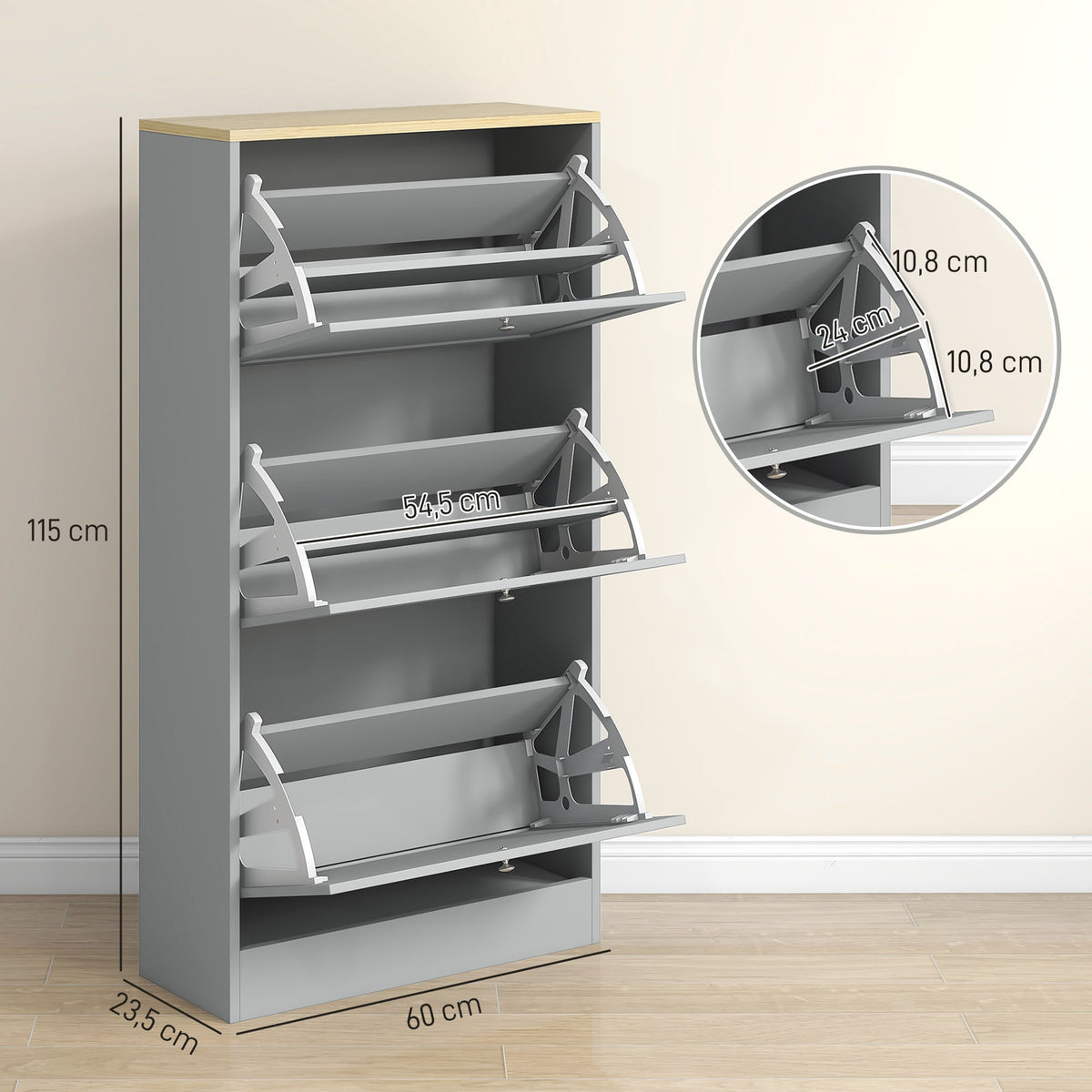 Meuble à chaussures 18 paires, armoire à chaussures avec 3 tiroirs rabattables, étagères réglables, 60x23,5x115cm, gris-2