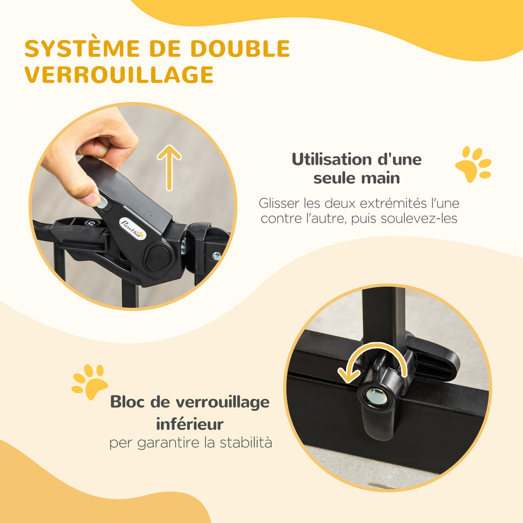 Barrière de sécurité pour animaux système de double verrouillage sans perçage 74 à 80 cm acier bois de pin noir-3