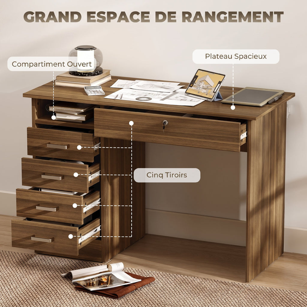 Bureau Informatique avec 5 Tiroirs, 110 x 50 cm, Bureau avec Rangement, Étagère Ouverte, Tiroir Verrouillable, Noyer-3