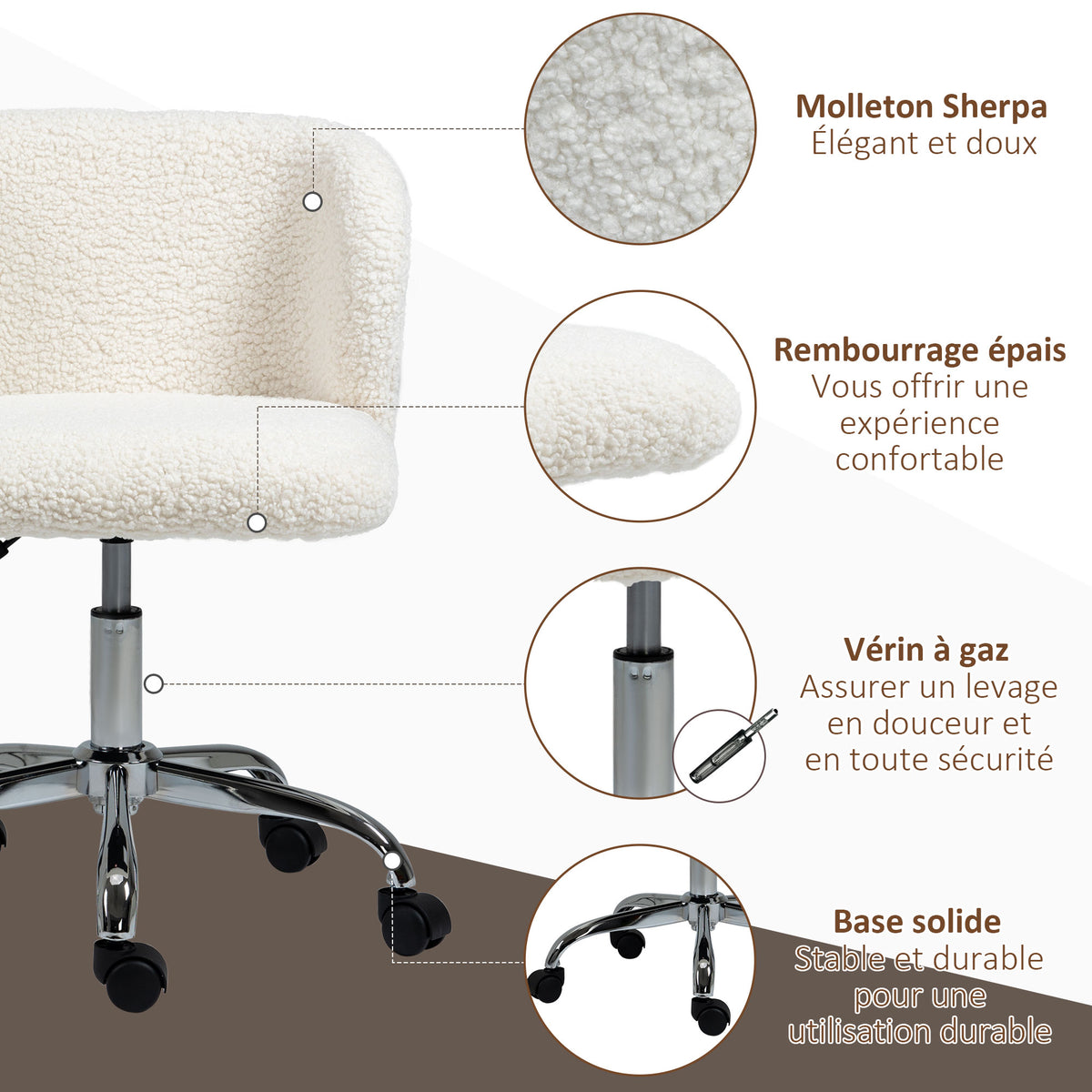 Chaise de bureau sans accoudoir en toison d'agneau hauteur réglable pivotant à 360 ° charge max. 120 Kg blanc-6
