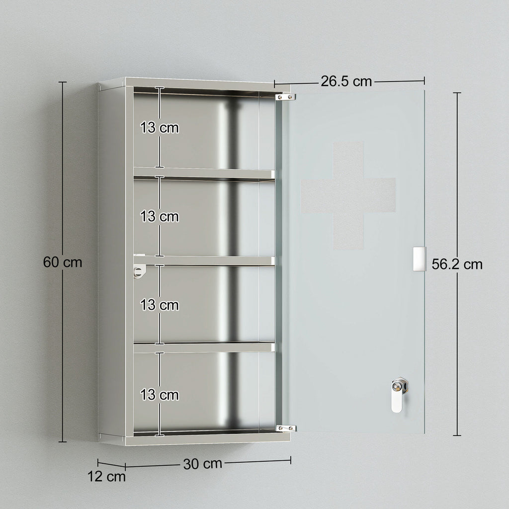 Armoire à Pharmacie 3 étagères 4 Niveaux 30L x 12l x 60H cm Porte Verre trempé Symbole Croix Acier Inoxydable brossé-2