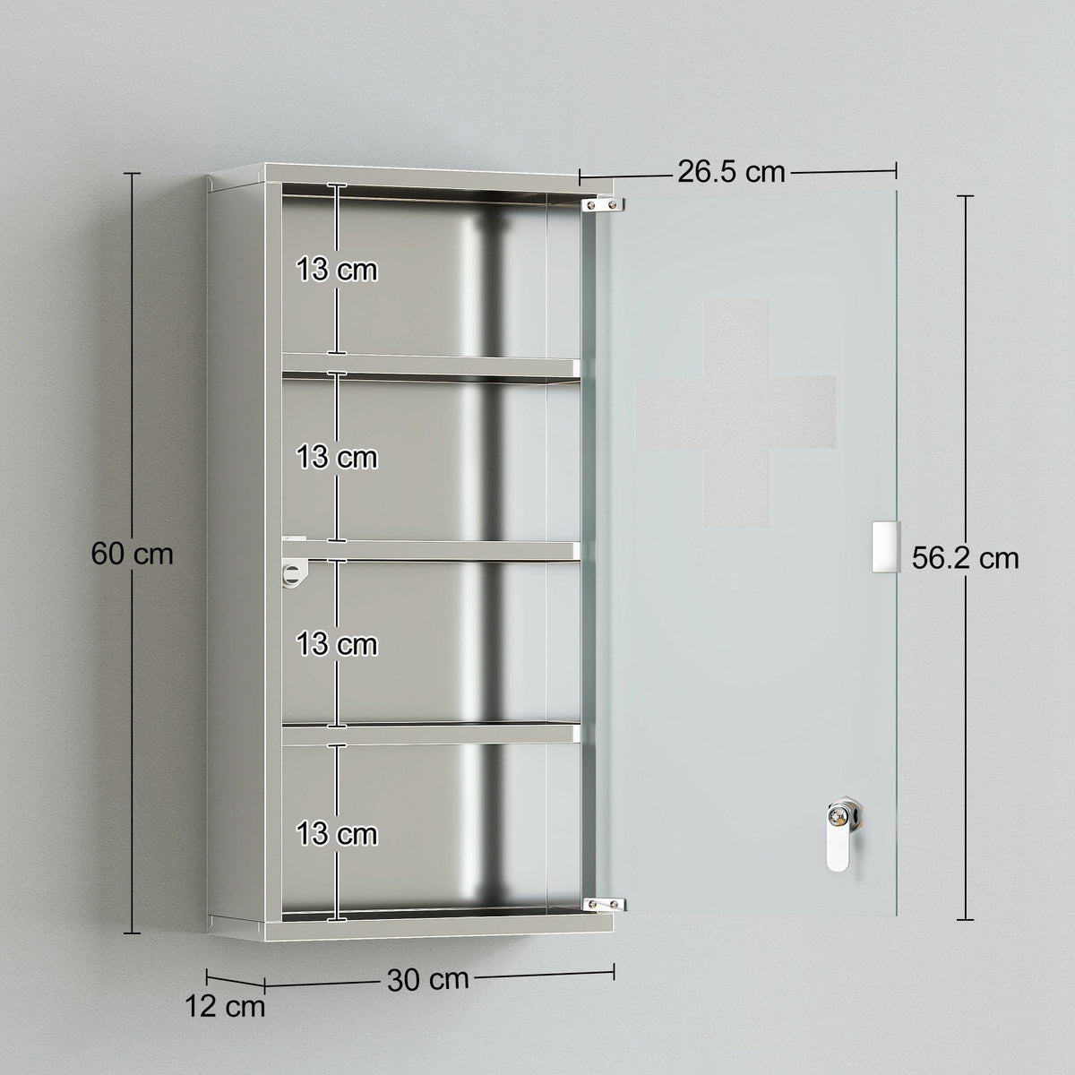 Armoire à Pharmacie 3 étagères 4 Niveaux 30L x 12l x 60H cm Porte Verre trempé Symbole Croix Acier Inoxydable brossé-2