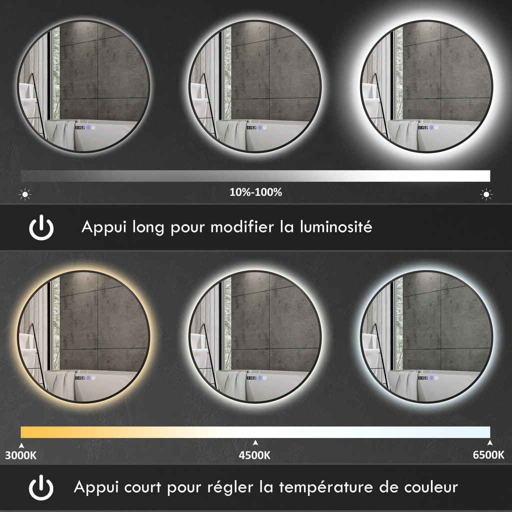 Miroir de salle de bain rond avec éclairage LED, intensité variable, fonction anti-buée, interrupteur tactile, noir-3