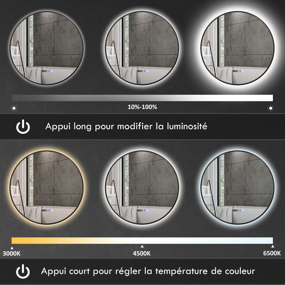 Miroir de salle de bain rond avec éclairage LED, intensité variable, fonction anti-buée, interrupteur tactile, noir-3