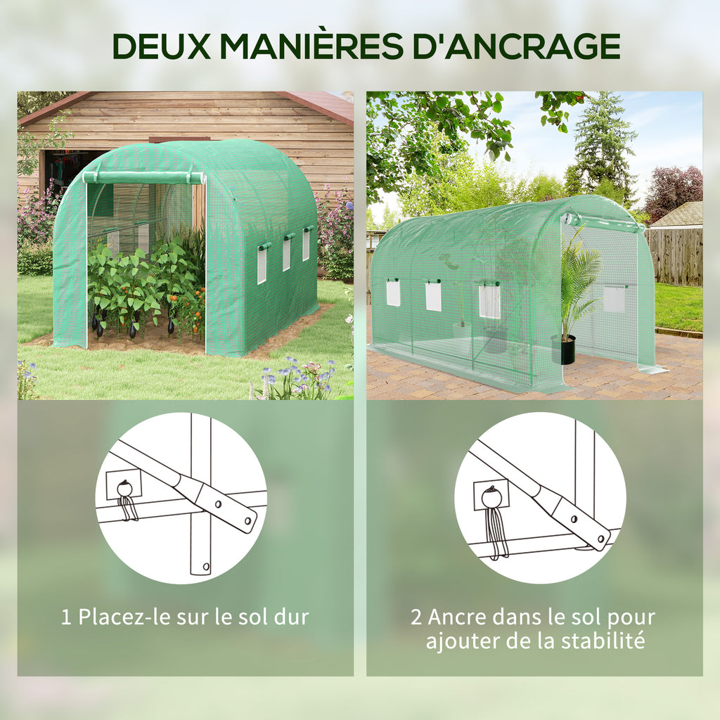 Serre de Jardin Tunnel Surface Sol 8 m² 4L x 2l x 2,05H m châssis Tubulaire Porte zippée 6 fenêtres enroulables vert-5