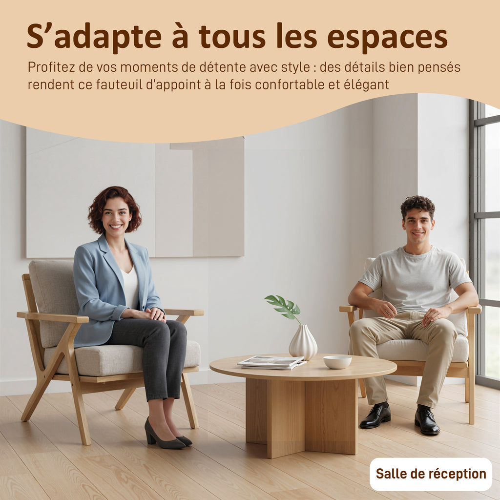 Fauteuil salon, fauteuil scandinave en tissu effet lin, coussins rembourrée et pieds en bois d'hévéa, 76x87x88cm, beige-5