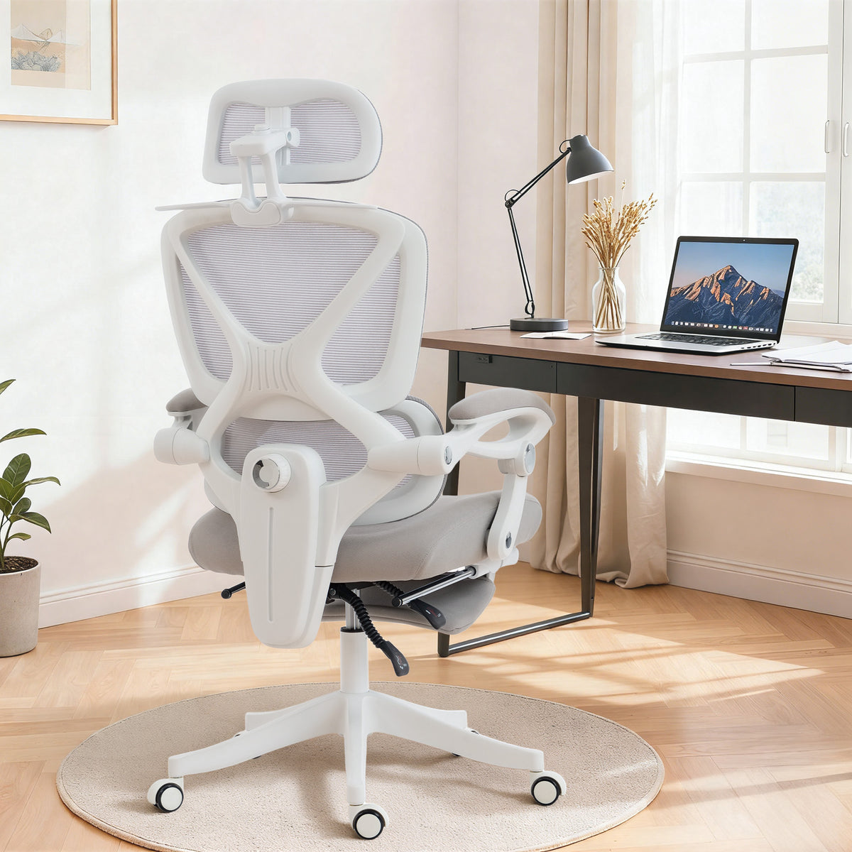 Chaise Bureau Ergonomique avec Appui-Tête Réglable, Fauteuil de Bureau Inclinable en Maille, Dossier Séparé, Gris-1