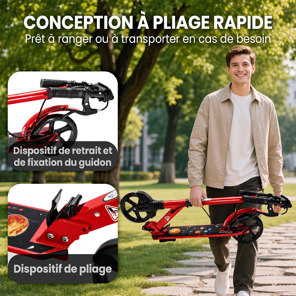Trottinette Pliable en Aluminium, Guidon Réglable, Freinage Double à Main/Pédale, Roues PU 18 cm, 86x38x103,5cm, Rouge-6