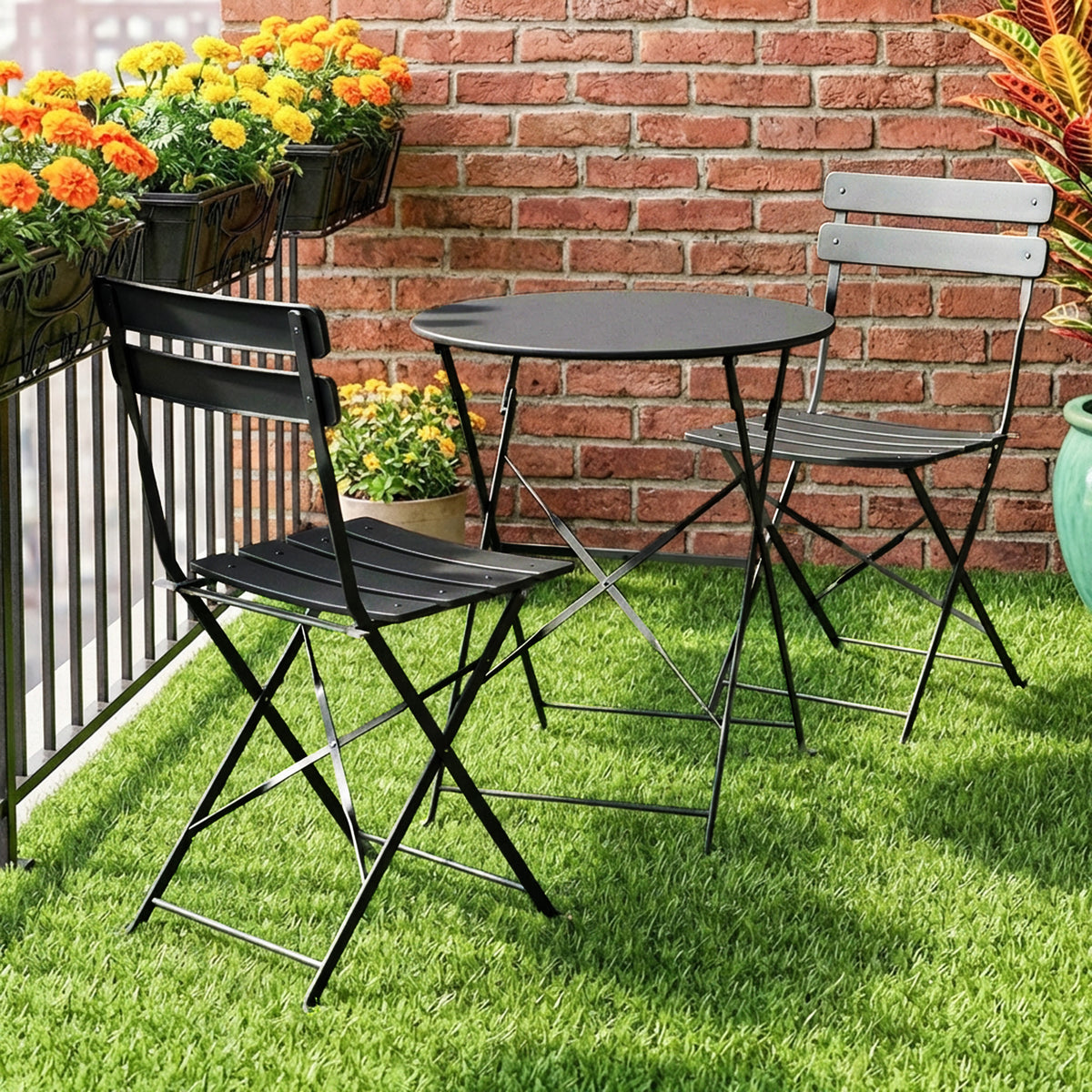 Ensemble Bistrot de Jardin 3 Pièces Table et 2 Chaises Pliantes à Lattes Double Protection Antirouille Noir-1