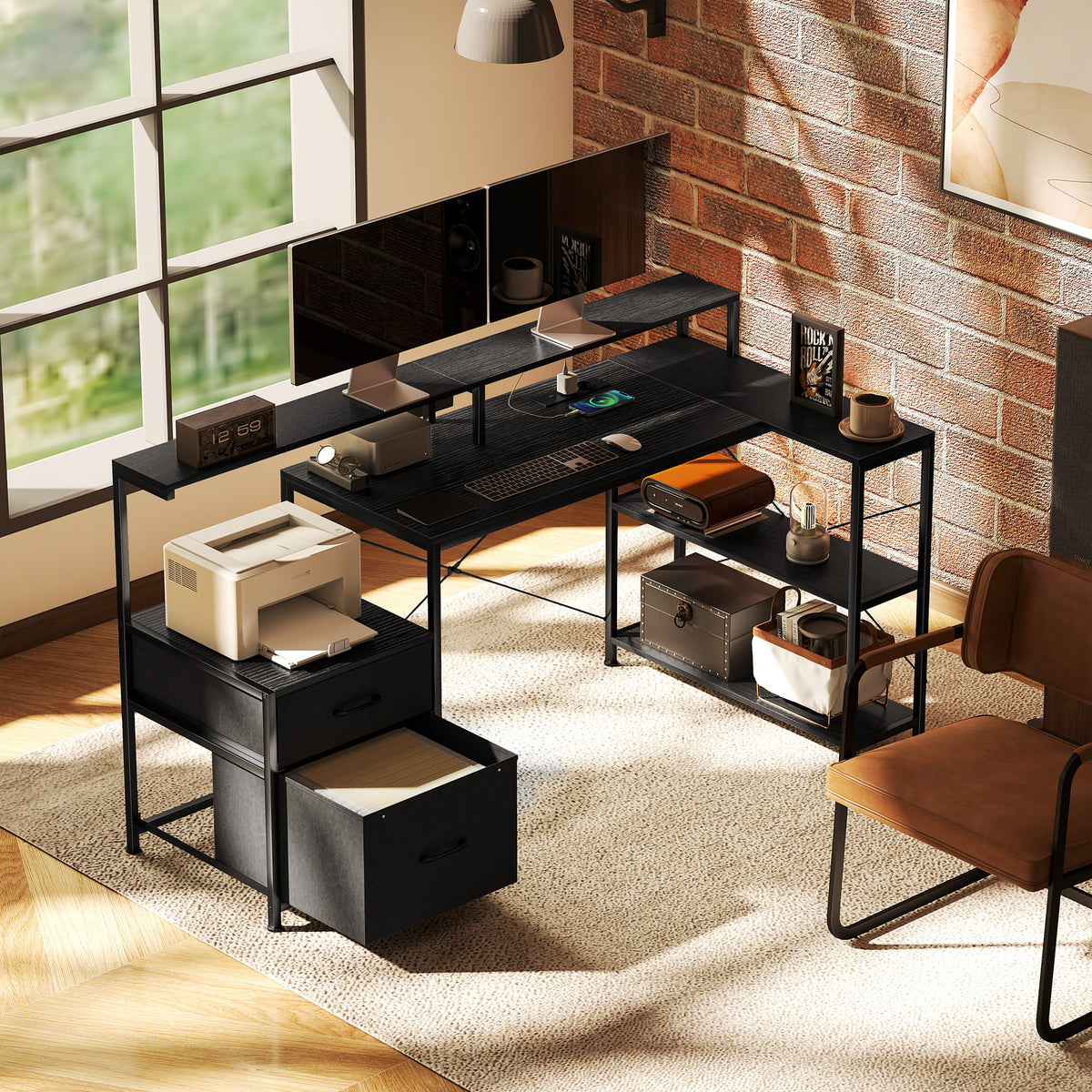 Bureau Gaming d'Angle 165 x 80 cm, Éclairage LED et Station de Charge, Support pour 2 Écrans et 2 Tiroirs en Tissu, Noir-8