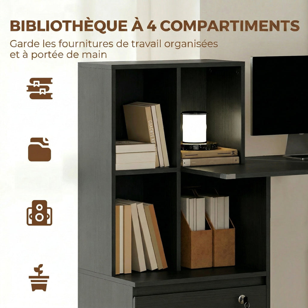 Bureau d'ordinateur avec bibliothèque 4 compartiments et tiroir verrouillable, 126 x 50 x 109 cm, noir-3