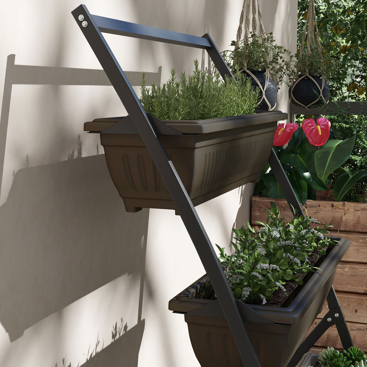Étagère à Fleurs en Acier 4 Niveaux, Support de Plantes Vertical avec 4 Bacs et Trous de Drainage, 76x79x162cm, Marron-7