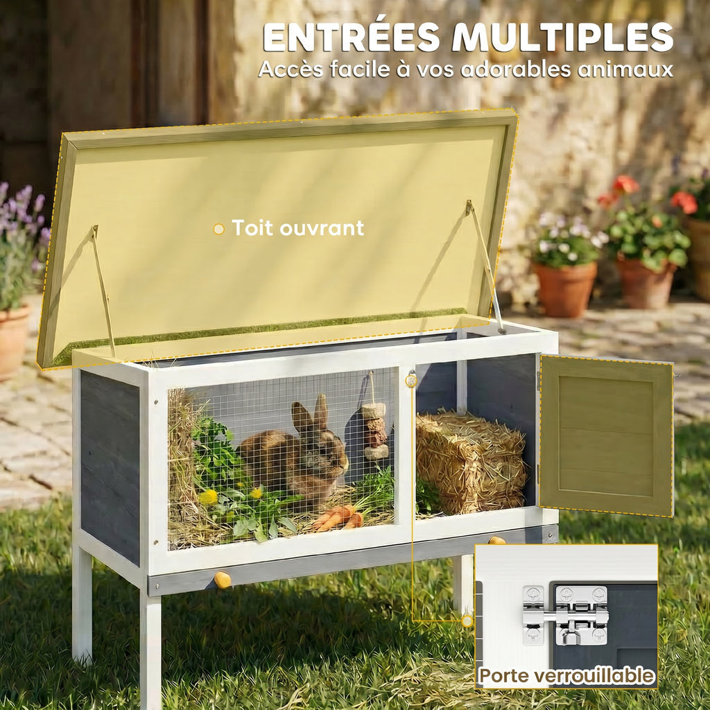 Clapier Lapin Extérieur en Bois, avec Toit Ouvrable en Asphalt et Plateau Coulissant, Design Surélevé, 90x45x65cm, Gris-4