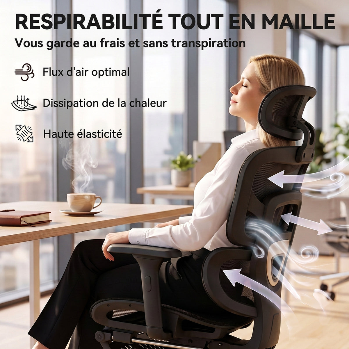 Chaise Bureau Ergonomique Inclinable en Maille, Support Lombaire, Appui-Tête 2D, Double Dossier Aéré, Noir-6