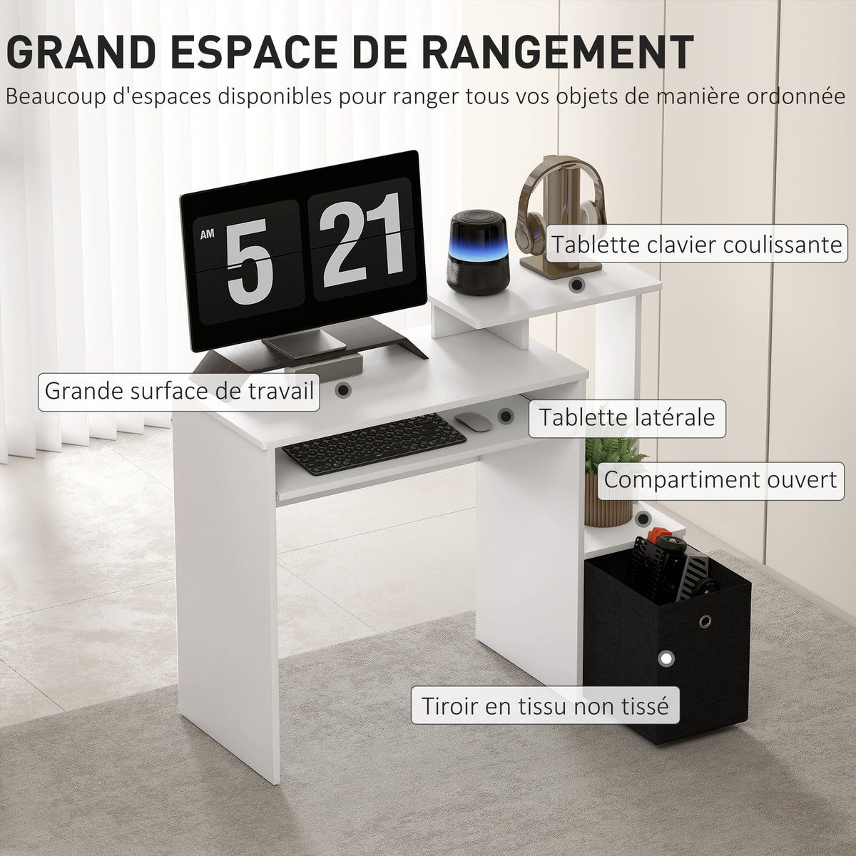 Bureau Informatique multimédia étagères Tablette Clavier Panier Noir Panneaux Particules Blanc-3