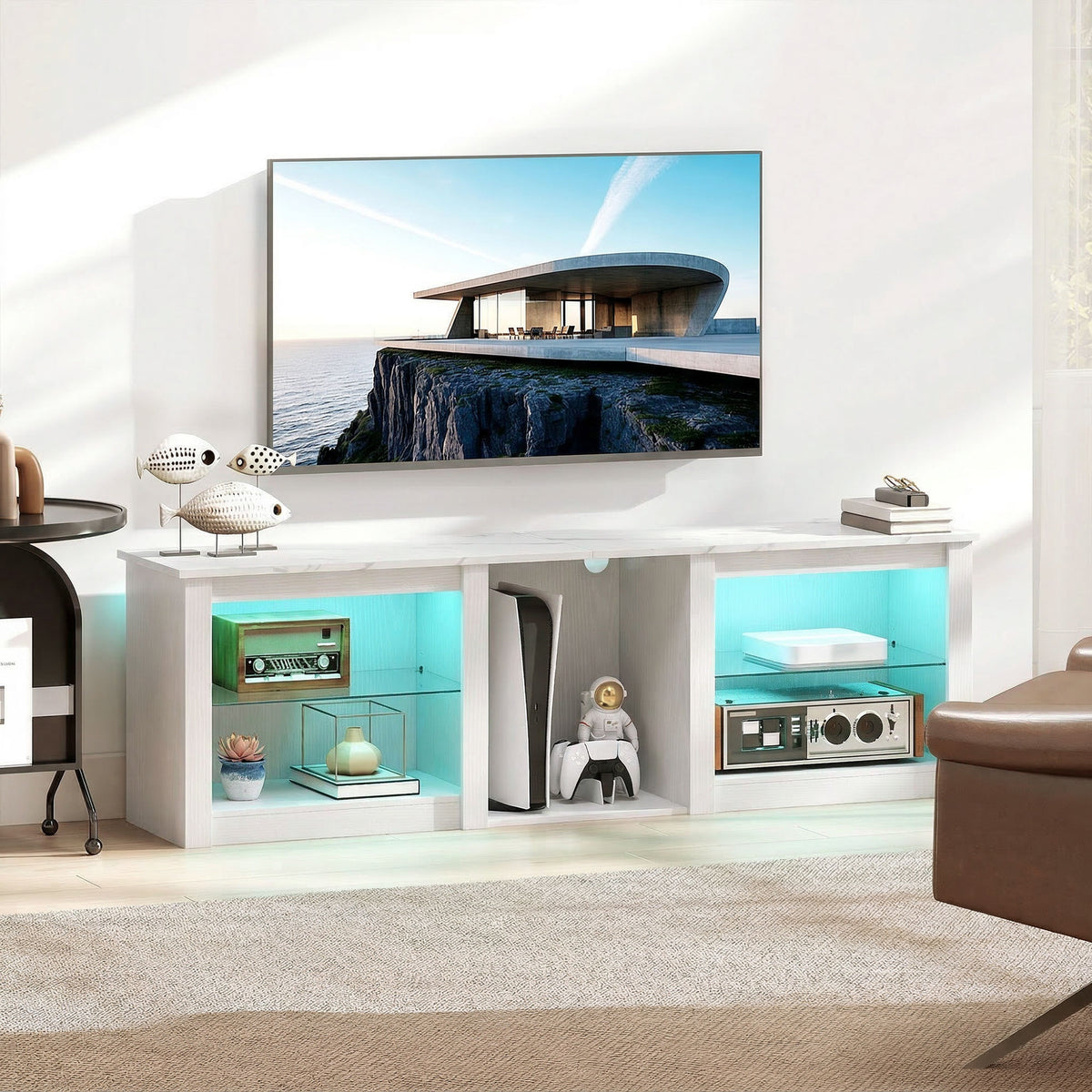 Meuble TV avec éclairage LED pour télévision jusqu'à 70 pouces, 160cm avec étagères en verre réglables, blanc-9