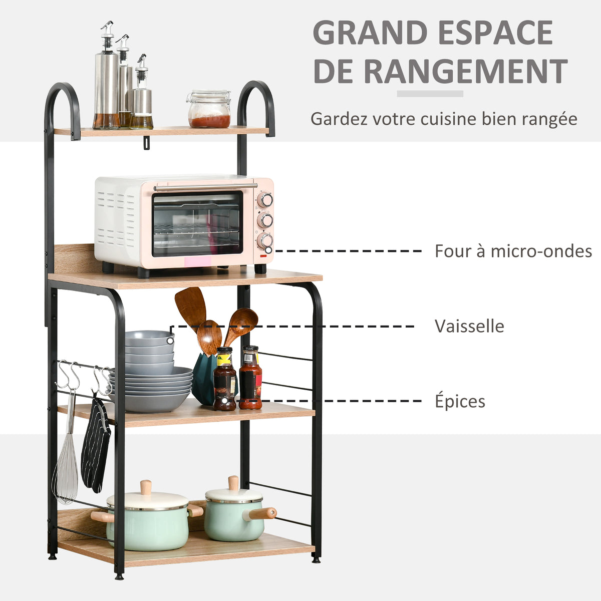 Étagère de cuisine - étagère micro-onde - meuble micro-onde - 3 étagères, plateau, crochets - aspect effet bois naturel châssis acier noir-3