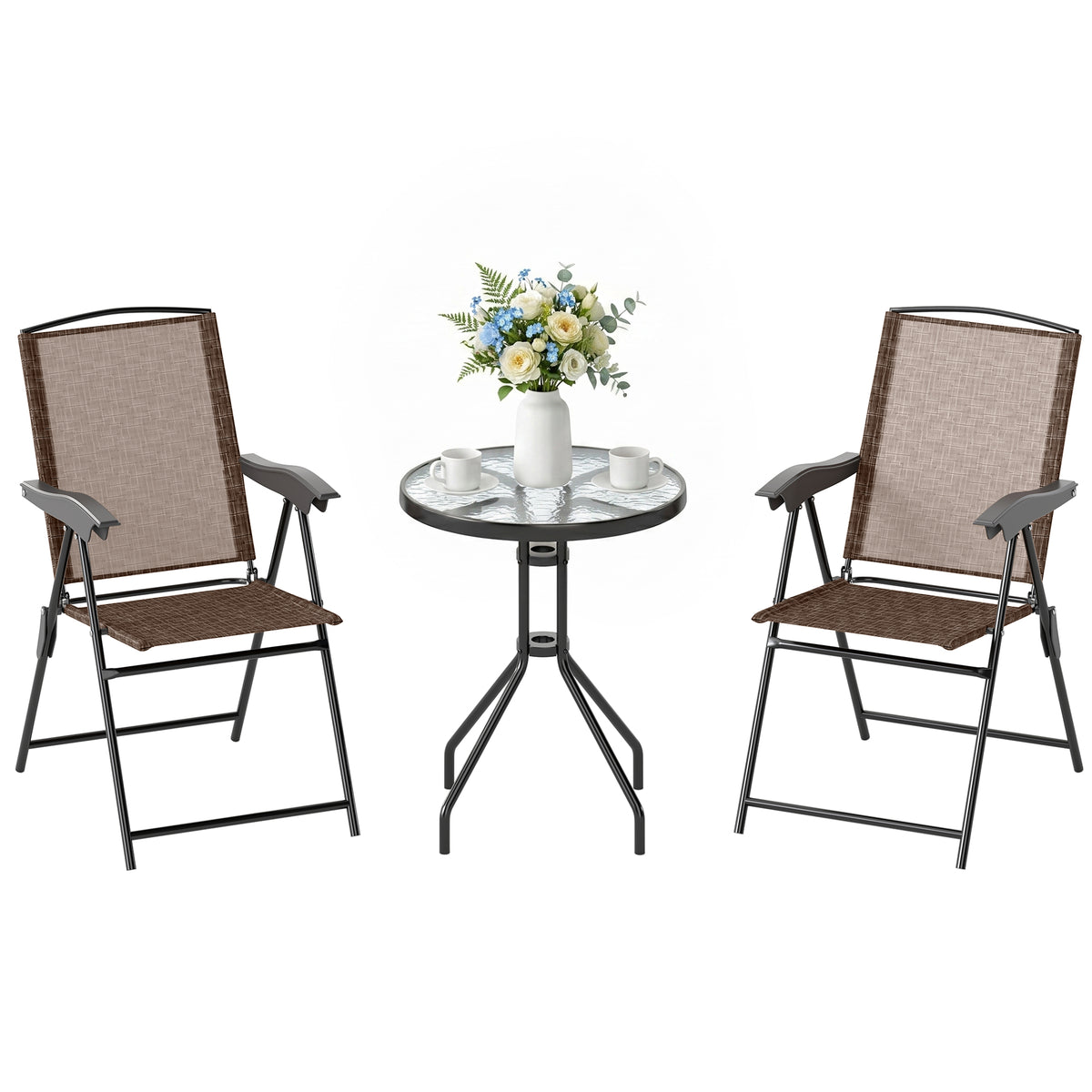 Ensemble de Jardin 3 pièces 2 chaises inclinables Multi-Positions Pliables + Table Ronde Verre trempé métal-0