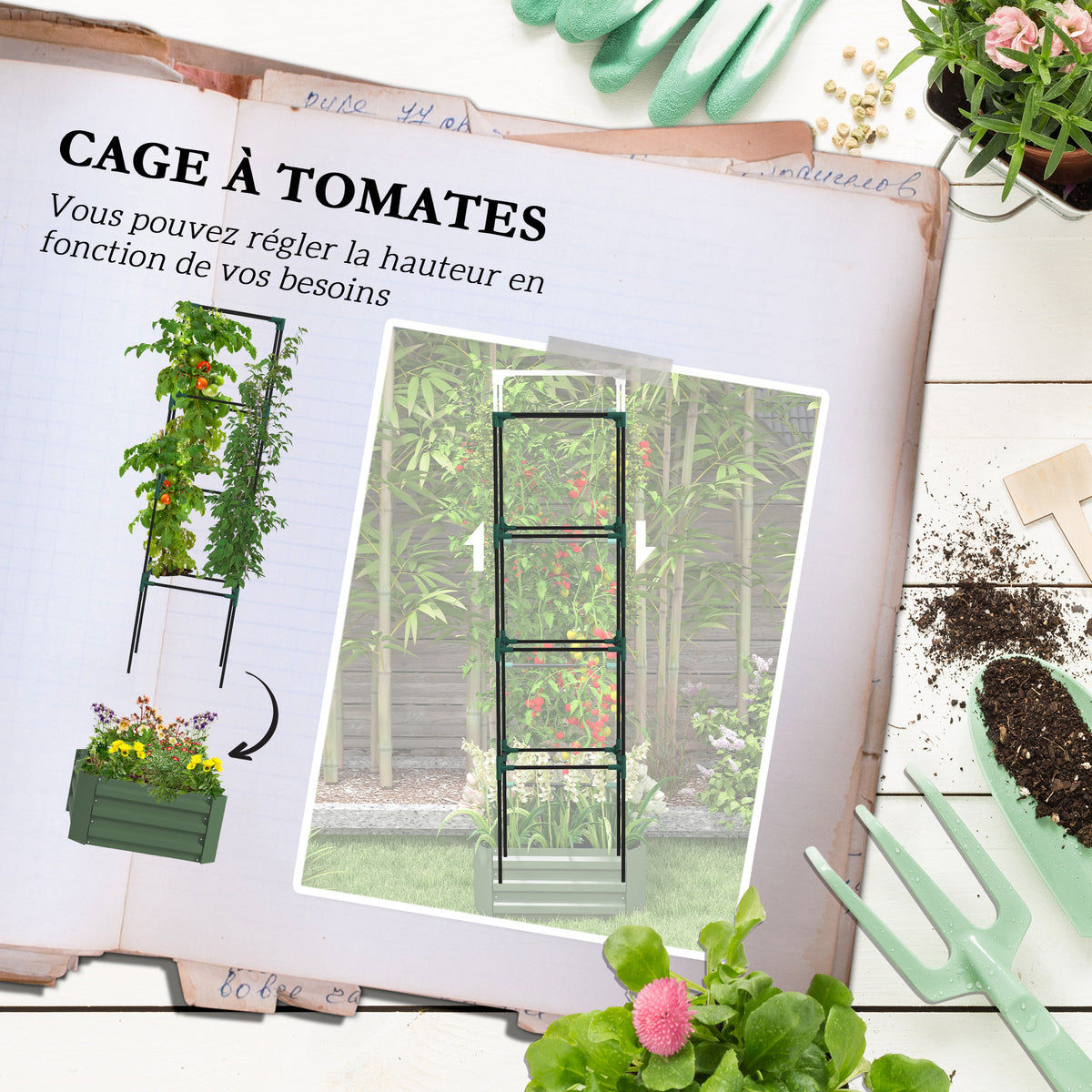 Jardinière avec treillis ajustable, bac à fleurs avec cage à tomates acier galvanisé 61 x 61 x 187 cm vert-3